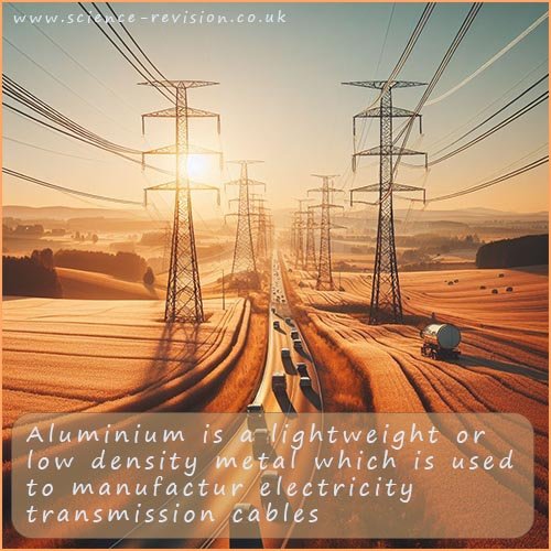 Aluminium is a lightweight or low density metal which is used to manufacture of electricity transmission cables.